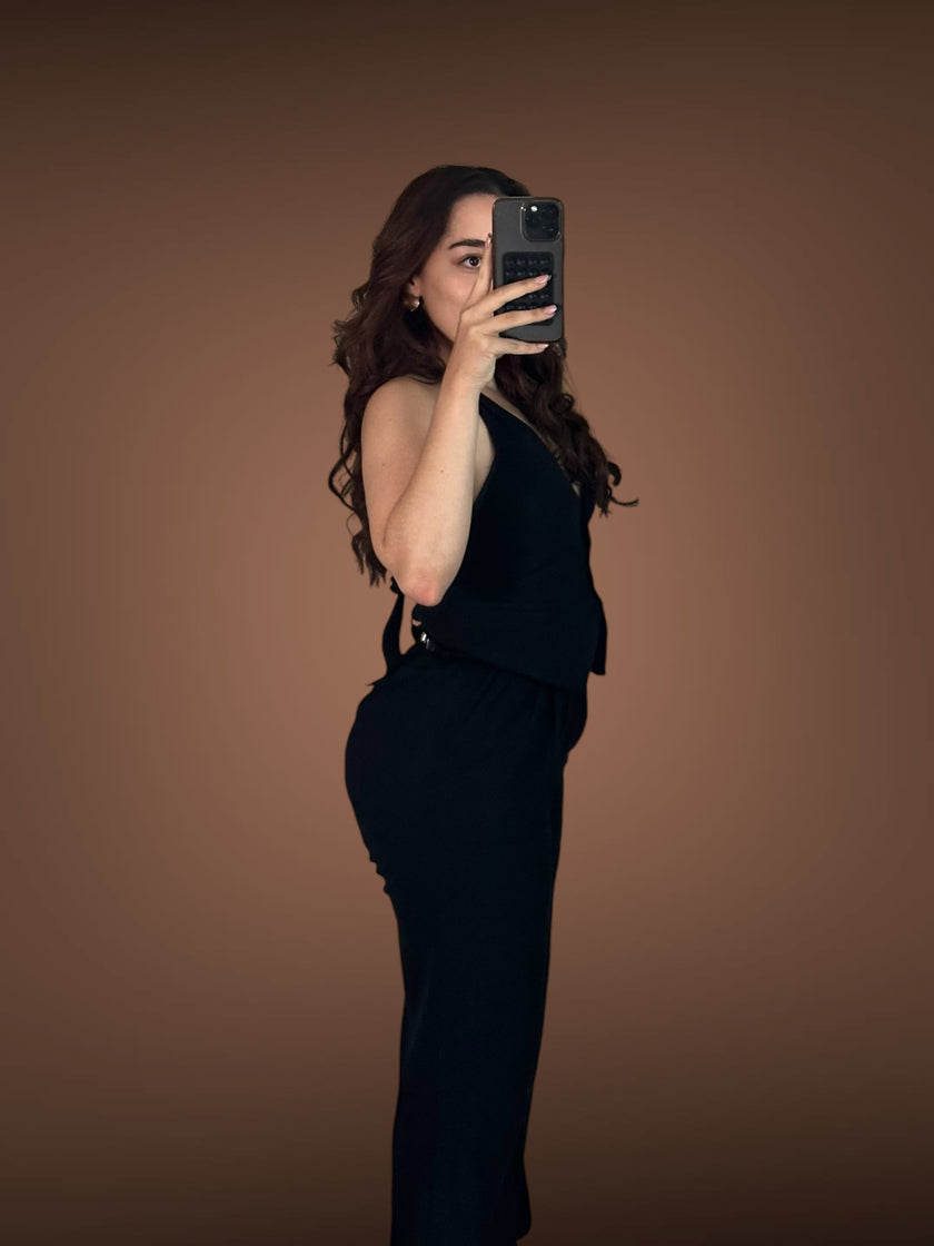 Black Linen Set - Halter Smocked Vest & High Waisted Linen Long Pants