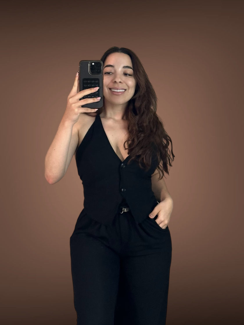 Black Linen Set - Halter Smocked Vest & High Waisted Linen Long Pants