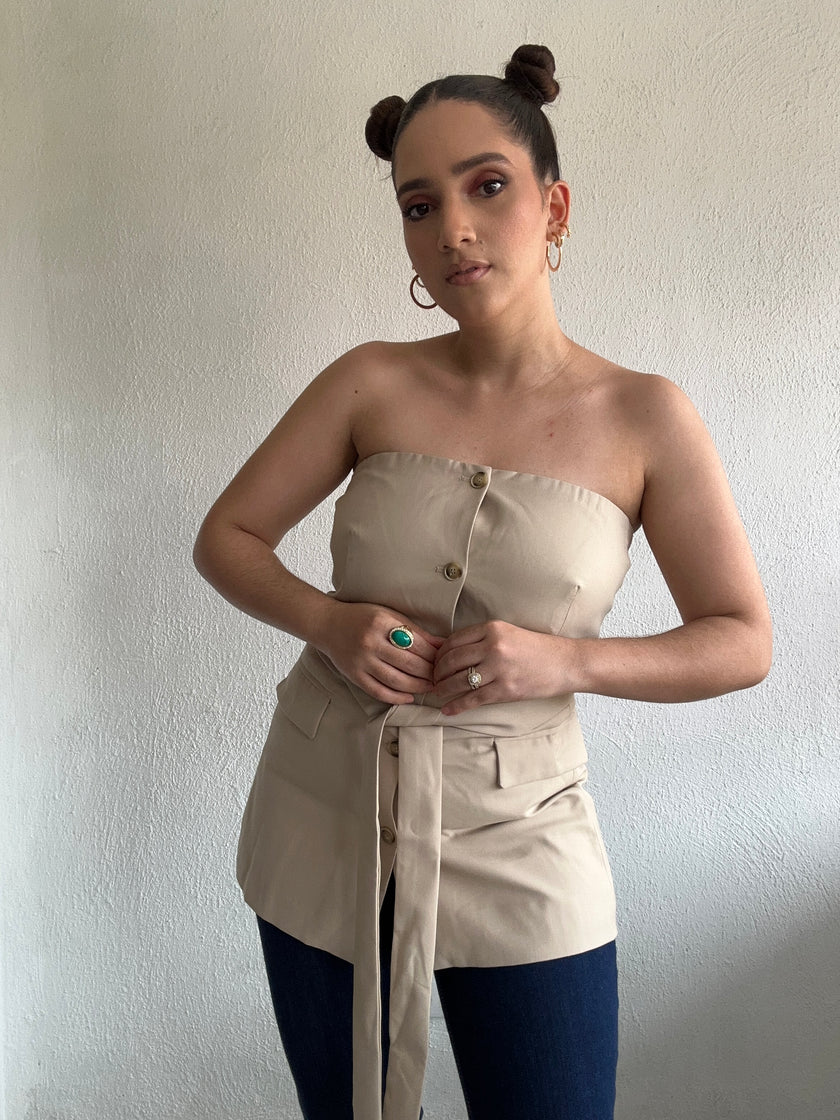 Beige Tube Button Down Belted Vest