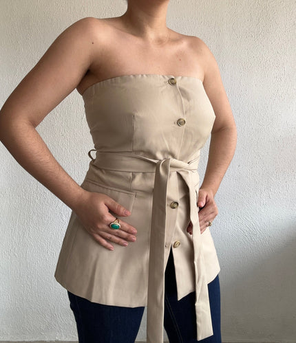 Beige Tube Button Down Belted Vest