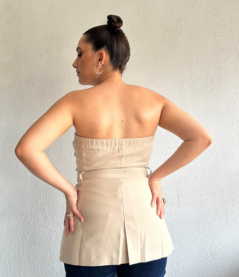 Beige Tube Button Down Belted Vest