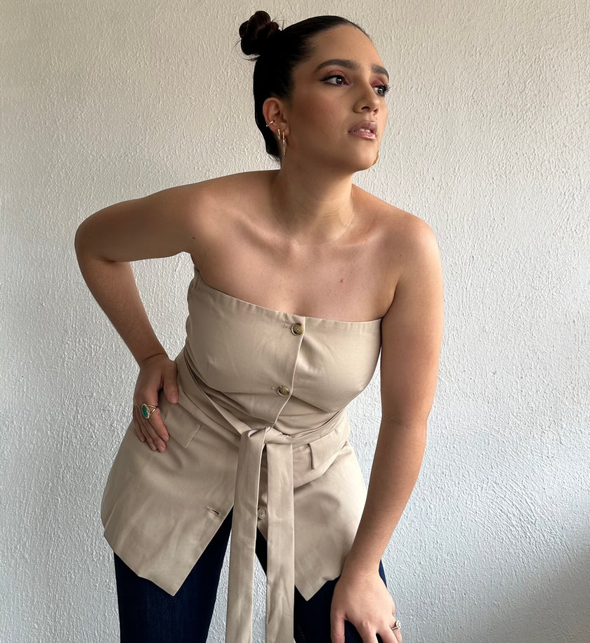 Beige Tube Button Down Belted Vest