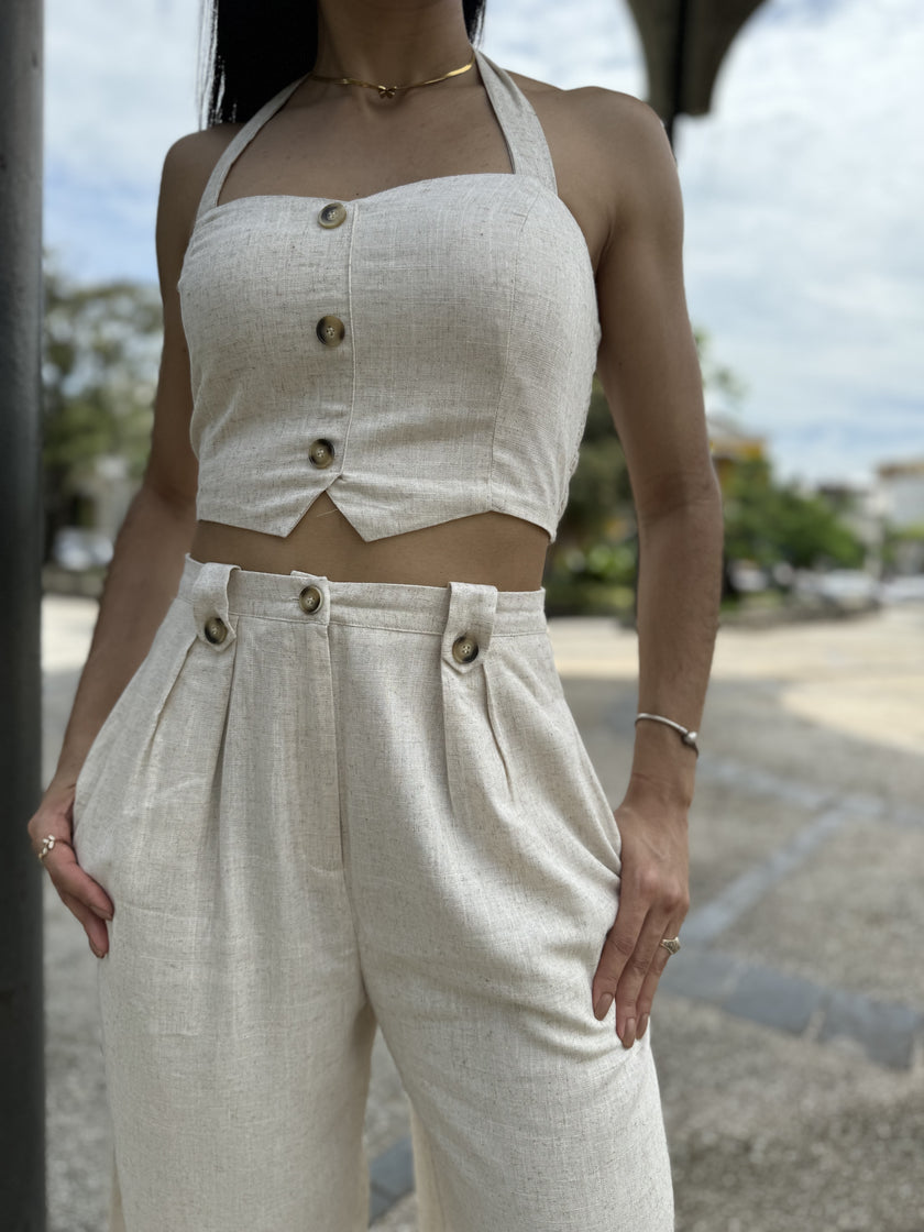 Oatmeal Halter Vest Linen Set