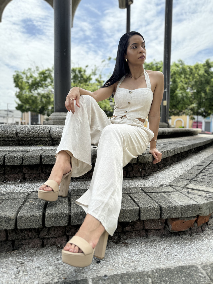 Oatmeal Halter Vest Linen Set