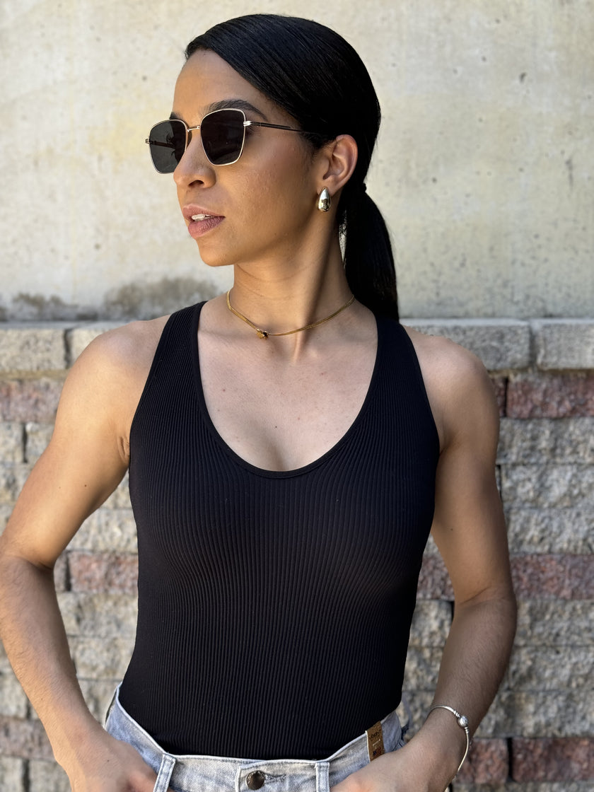 Core Sleeveless-Basic Ribbed V-Neck Bodysuit