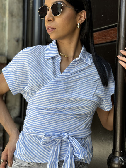 LT Blue White Short Sleeve Wrap Shirt Top