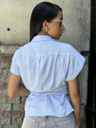 LT Blue White Short Sleeve Wrap Shirt Top