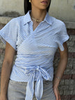 LT Blue White Short Sleeve Wrap Shirt Top