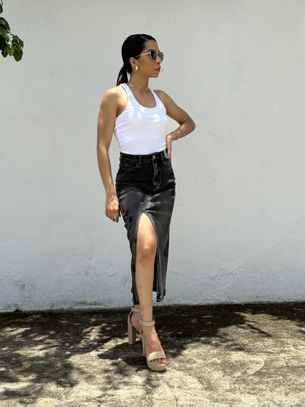Chic Charcoal Denim Skirt with Edgy Slit Detail