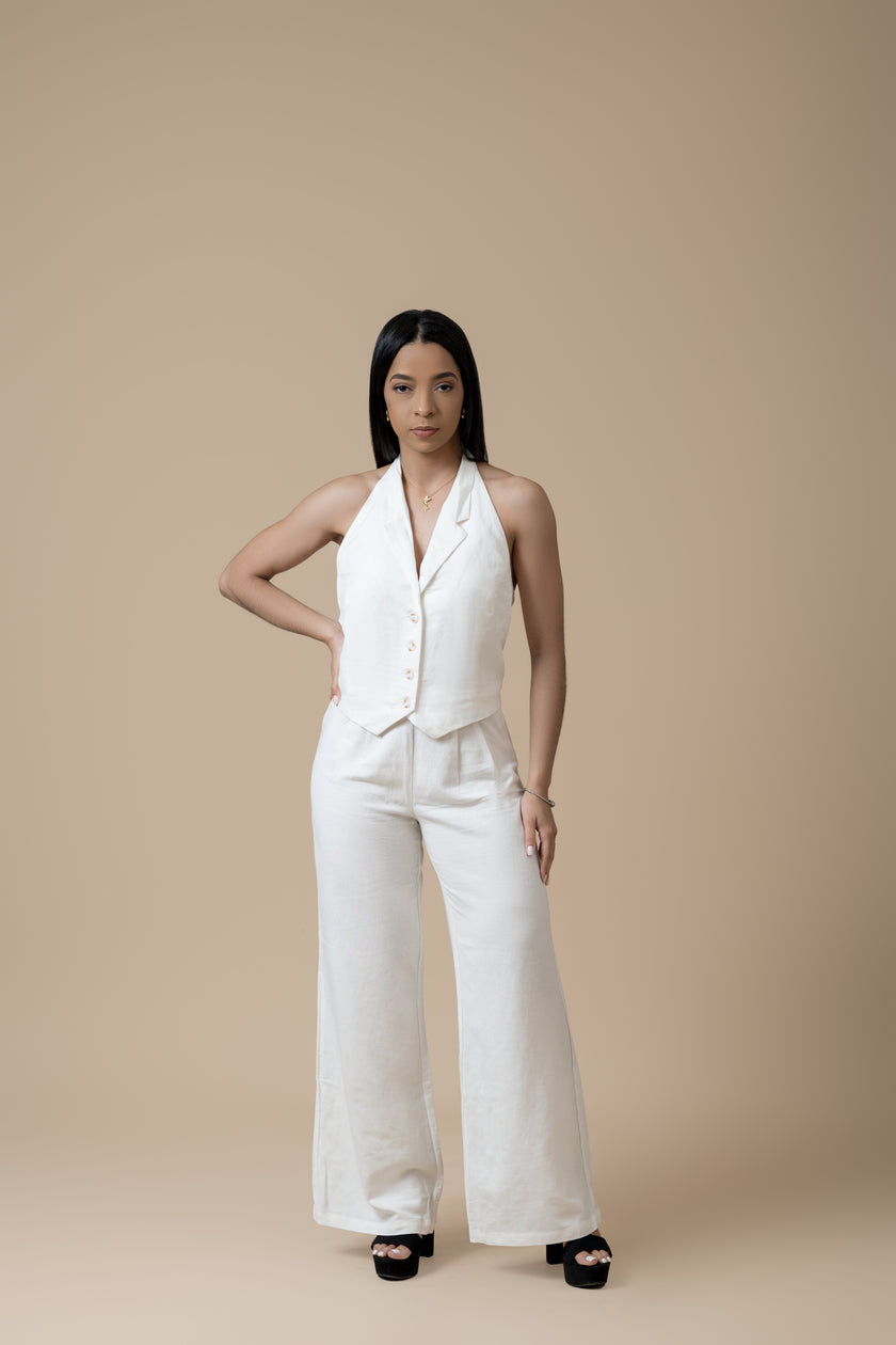 Off White Set - Halter Smocked Vest & High Waisted Linen Long Pants