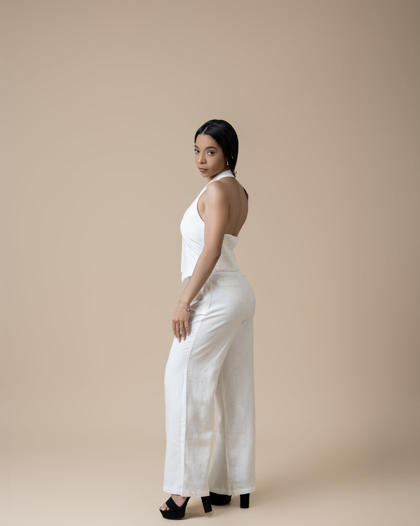 Off White Set - Halter Smocked Vest & High Waisted Linen Long Pants