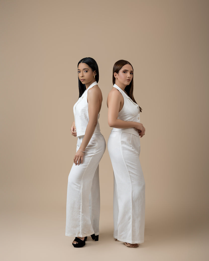 Off White Set - Halter Smocked Vest & High Waisted Linen Long Pants