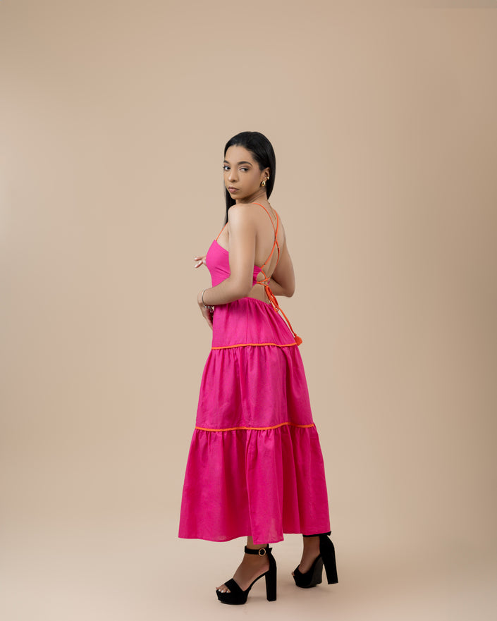Fuchsia/Tangerine Thin Strap Detailing Color Block Tiered Midi Dress