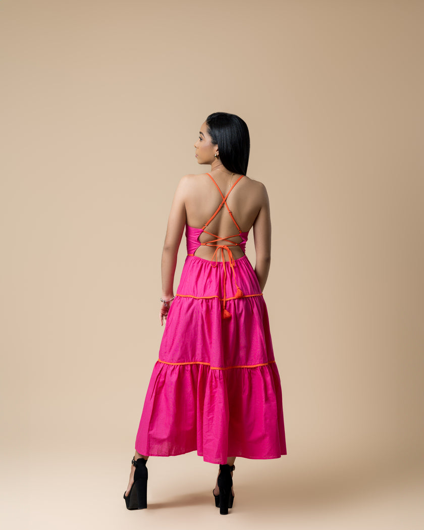 Fuchsia/Tangerine Thin Strap Detailing Color Block Tiered Midi Dress