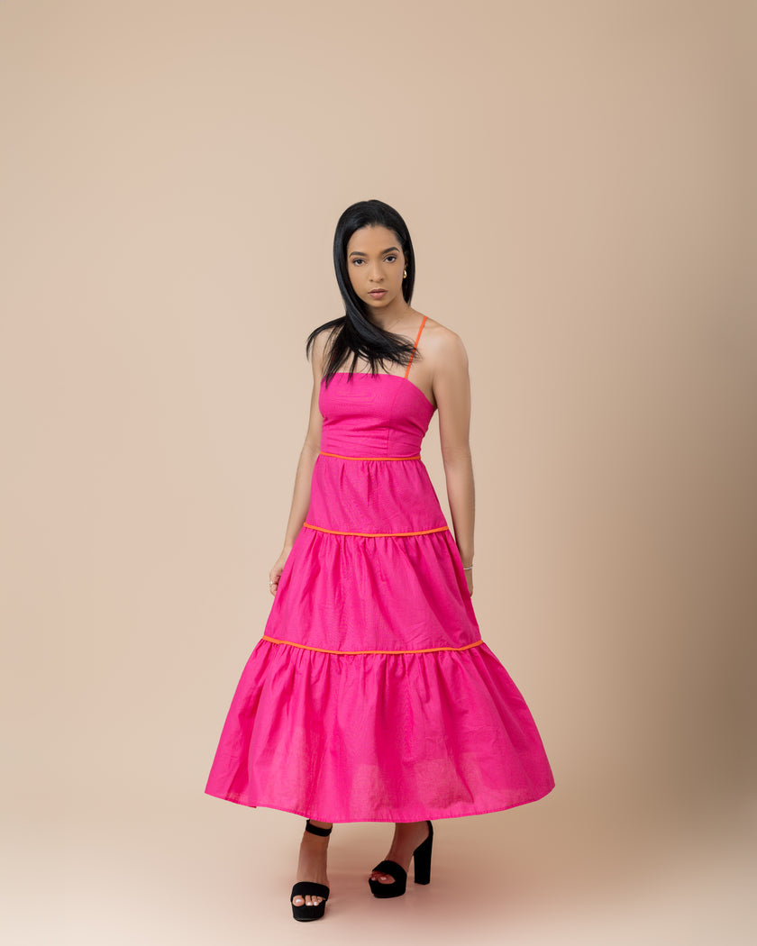 Fuchsia/Tangerine Thin Strap Detailing Color Block Tiered Midi Dress