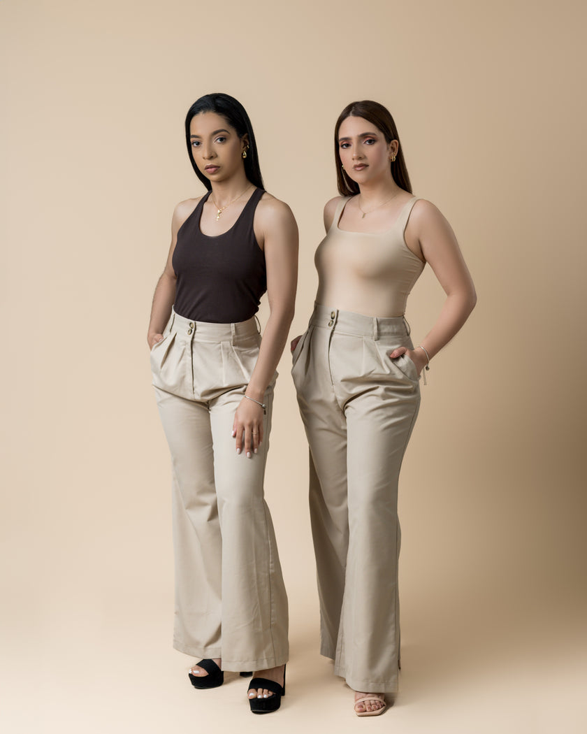 High Waisted Long Beige Pants