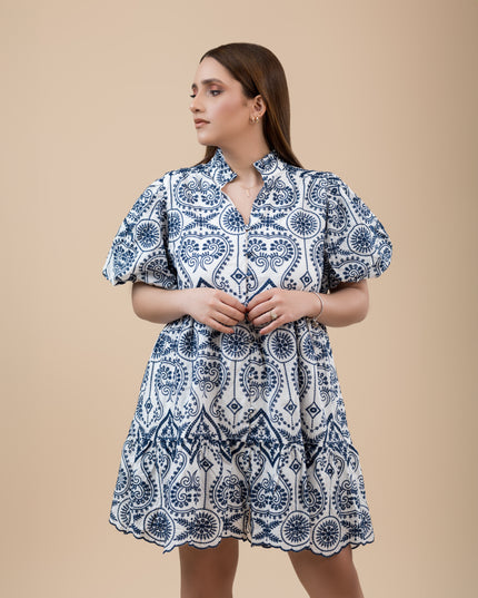 Tiered Button-up Eyelet Lace Dress with Split Ruffled Mock Neckline and Short Puff Sleeves