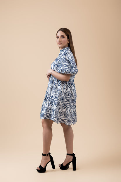 Tiered Button-up Eyelet Lace Dress with Split Ruffled Mock Neckline and Short Puff Sleeves