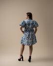 Tiered Button-up Eyelet Lace Dress with Split Ruffled Mock Neckline and Short Puff Sleeves