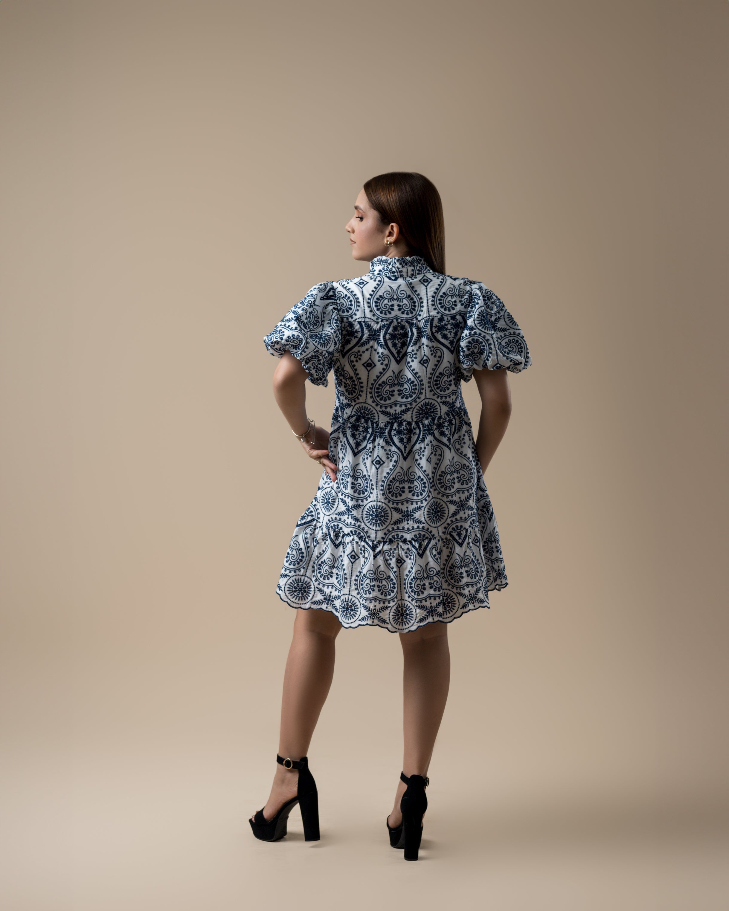 Tiered Button-up Eyelet Lace Dress with Split Ruffled Mock Neckline and Short Puff Sleeves
