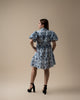 Tiered Button-up Eyelet Lace Dress with Split Ruffled Mock Neckline and Short Puff Sleeves