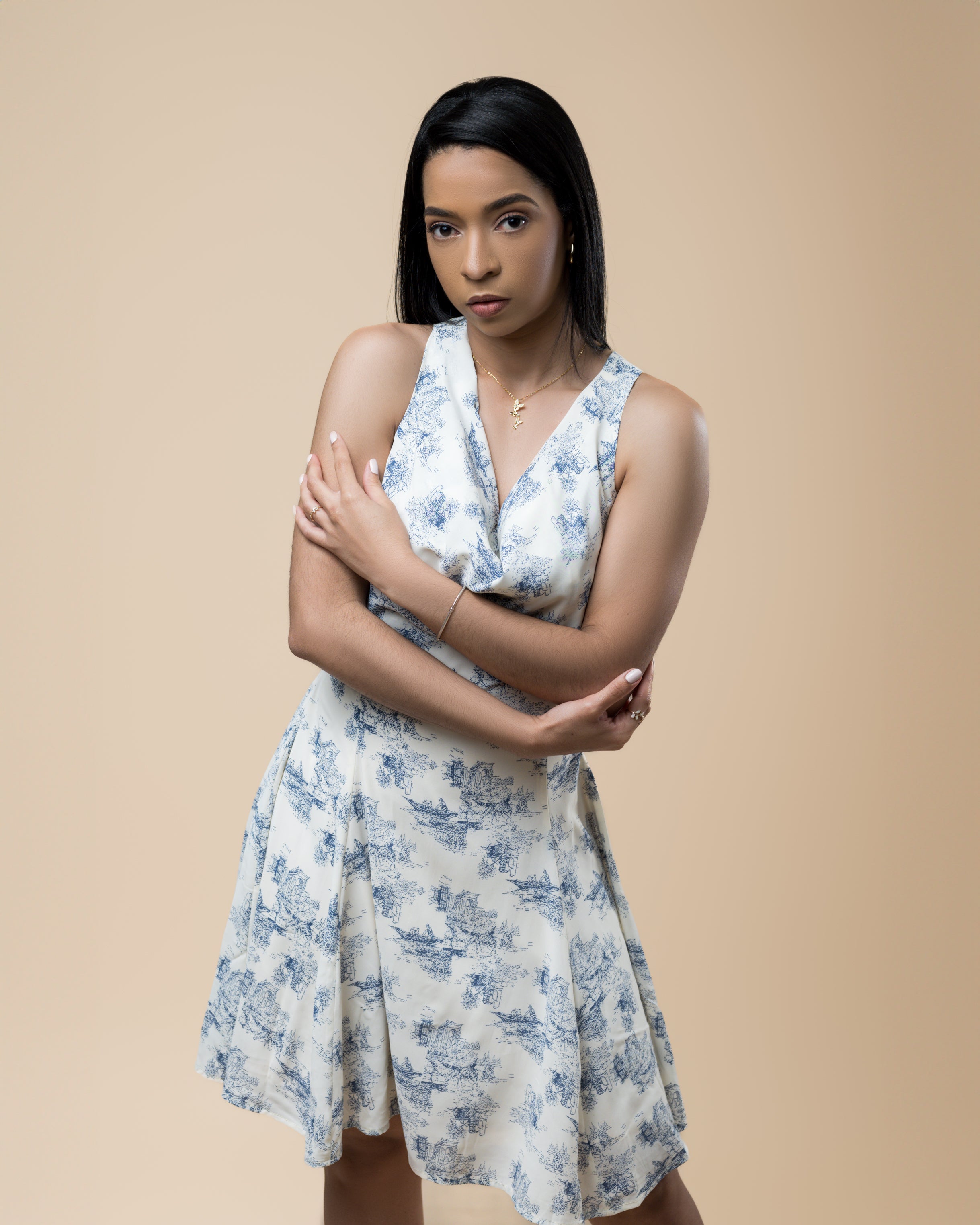 Ivory/Navy Cowl Cross Back Strap Mini Dress