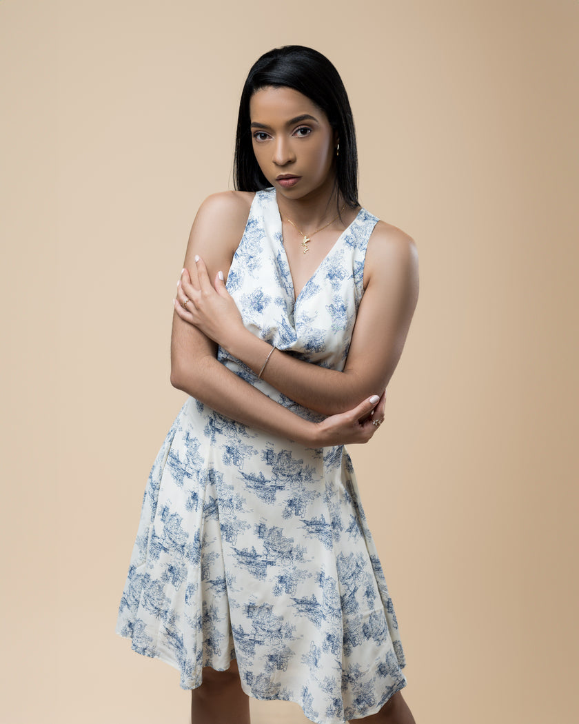 Ivory/Navy Cowl Cross Back Strap Mini Dress