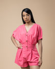 Linen Pink Romper with Button Front Elastic Waist, V-neck, Elastic Cuffs, and Short Dolman Sleeves
