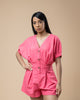 Linen Pink Romper with Button Front Elastic Waist, V-neck, Elastic Cuffs, and Short Dolman Sleeves