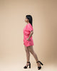 Linen Pink Romper with Button Front Elastic Waist, V-neck, Elastic Cuffs, and Short Dolman Sleeves