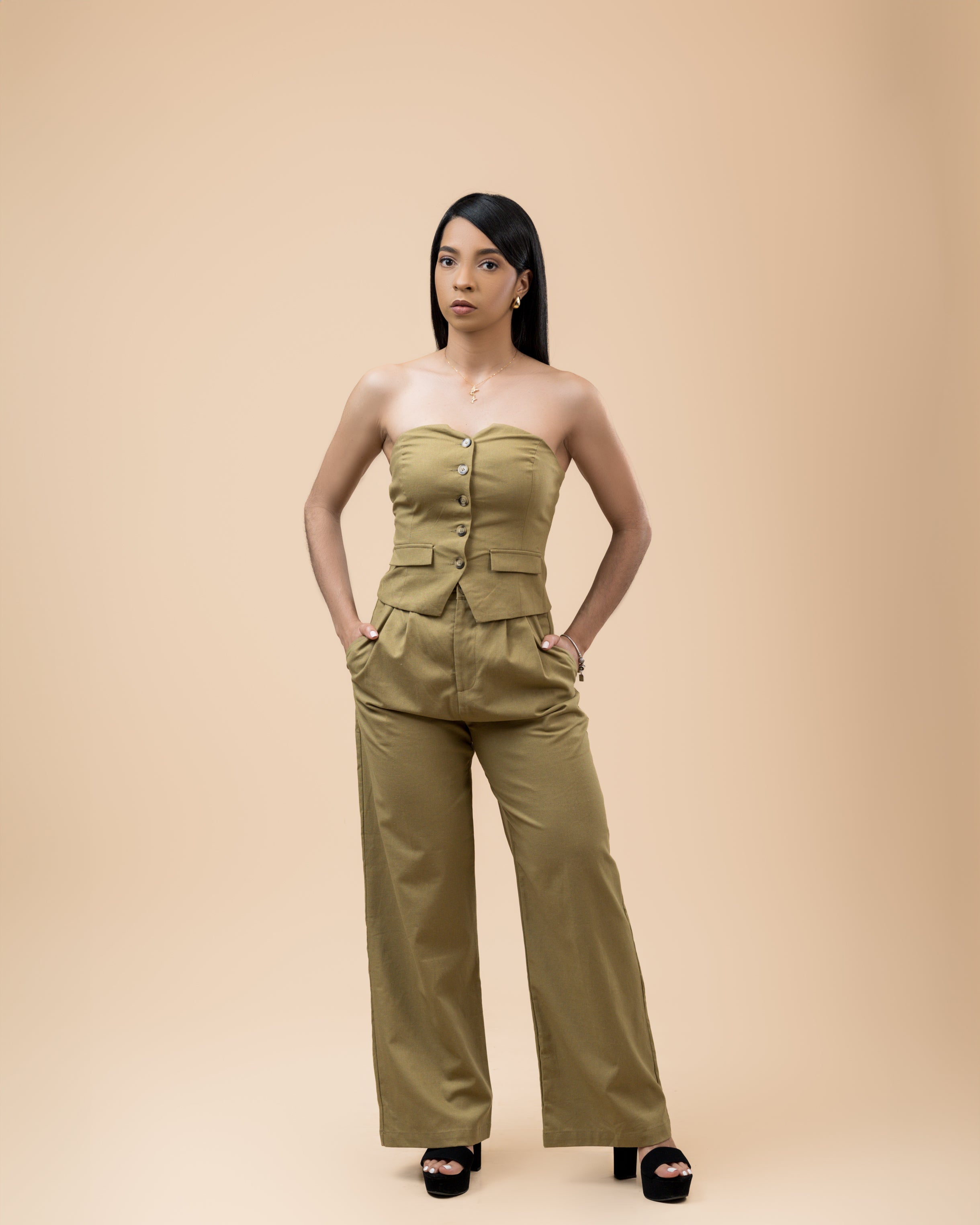 Olive Tube Vest and High Waisted Long Pants Set