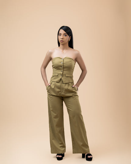 Olive Tube Vest and High Waisted Long Pants Set