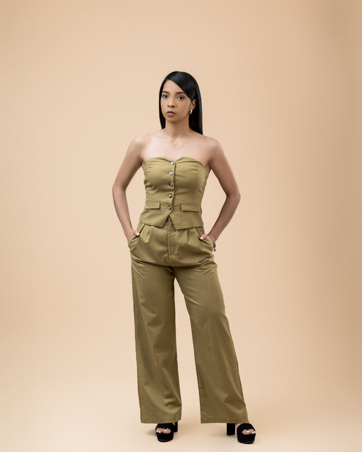 Olive Tube Vest and High Waisted Long Pants Set