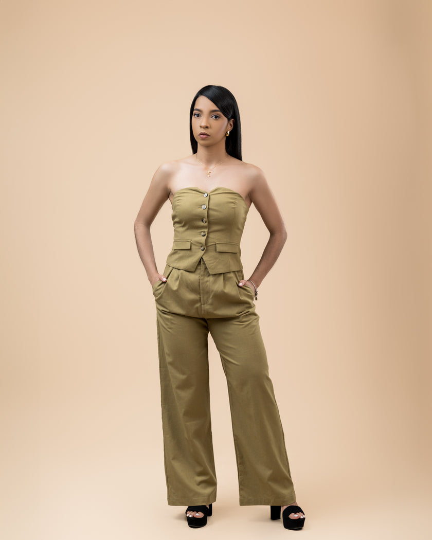 Conjunto de chaleco tubo verde oliva y pantalón largo de cintura alta