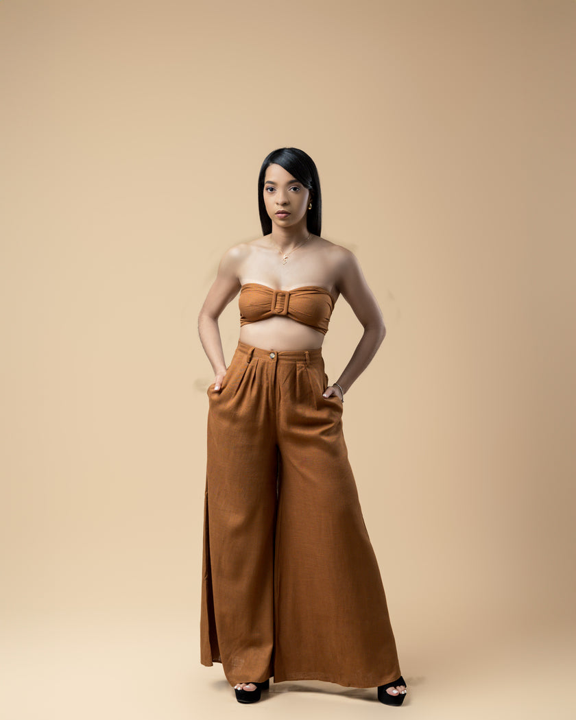 Brown Tube Bra Top & High Waisted Long Pants Set