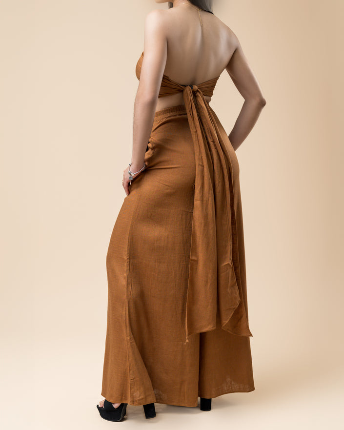 Brown Tube Bra Top & High Waisted Long Pants Set