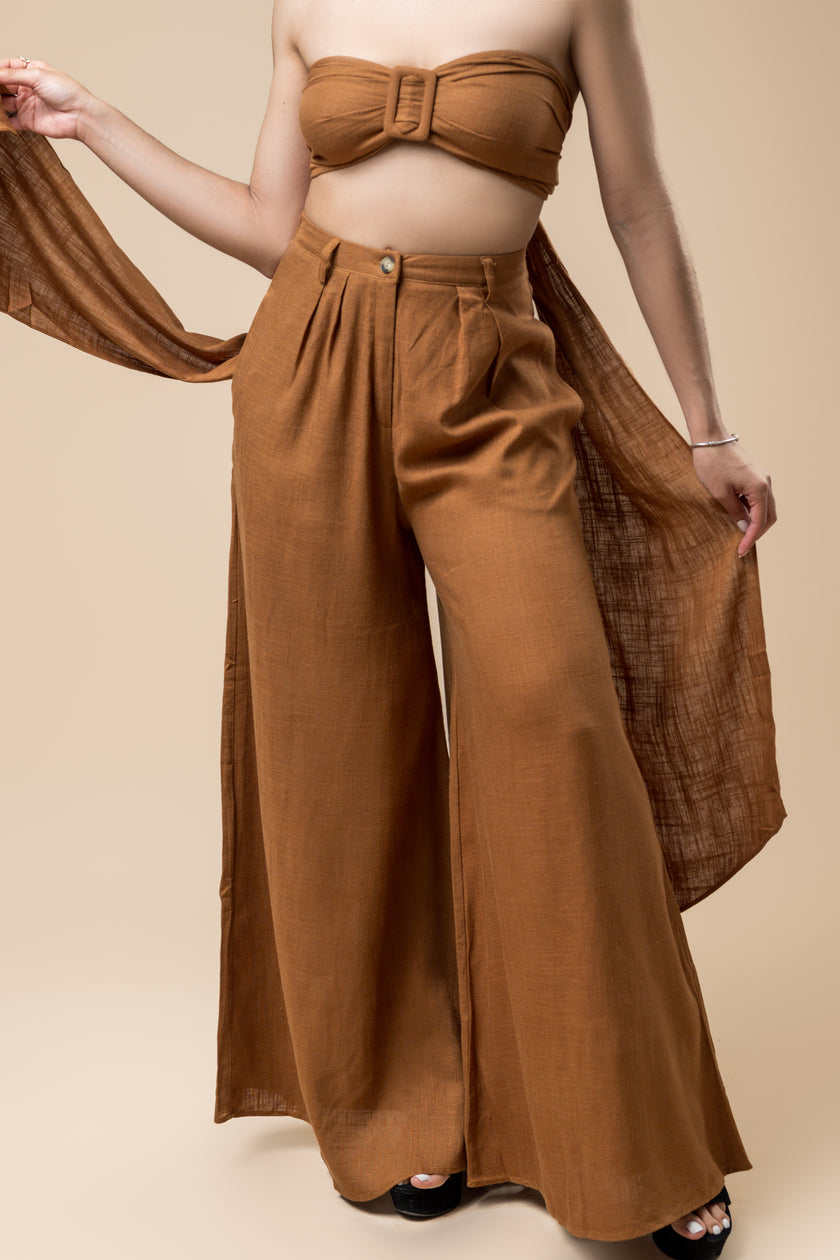 Brown Tube Bra Top & High Waisted Long Pants Set