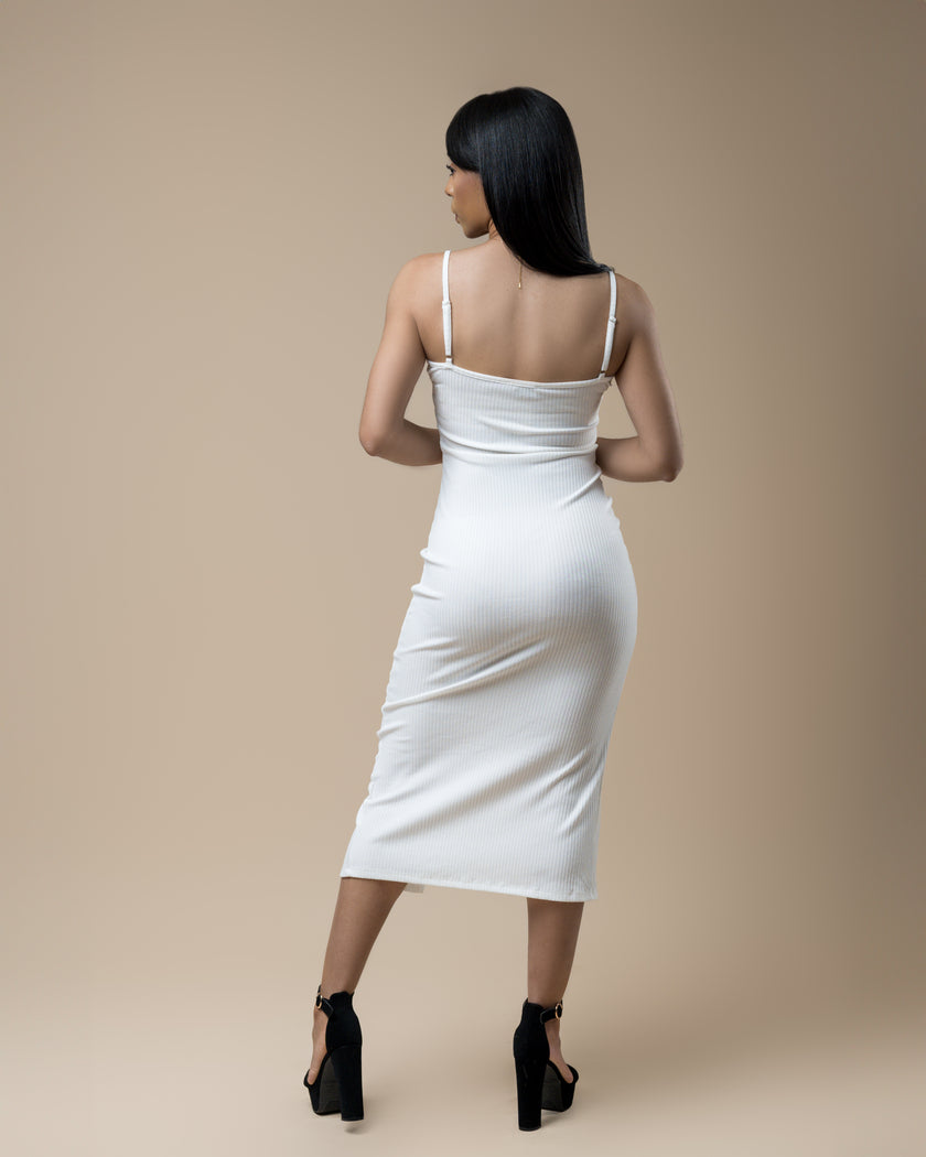 Vestido de punto con botones, sin mangas, midi/maxi marfil